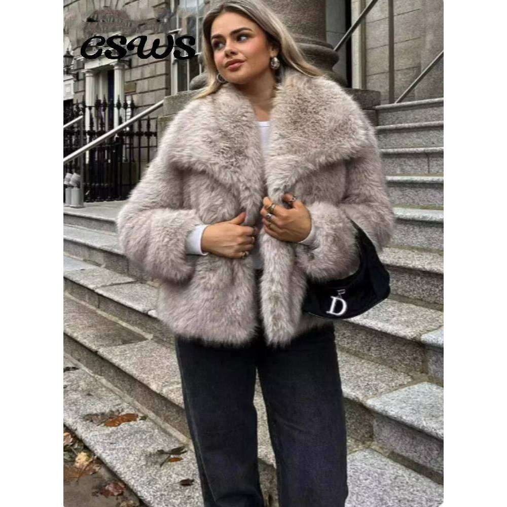Elegant Faux Fur Lapel Coat Women Winter Fashion Loose Solid Long Sleeve Thicken Coats 2024 Casual Pocket Ladies Outwear