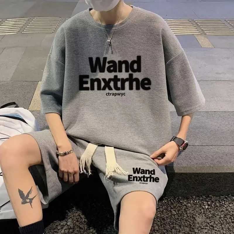 2024 Summer Mens Waffle Sets Casual T-Shirt and Shorts Set Male Sports Suit Solid Letter Printing Color Tracksuit Loose Suits W250613
