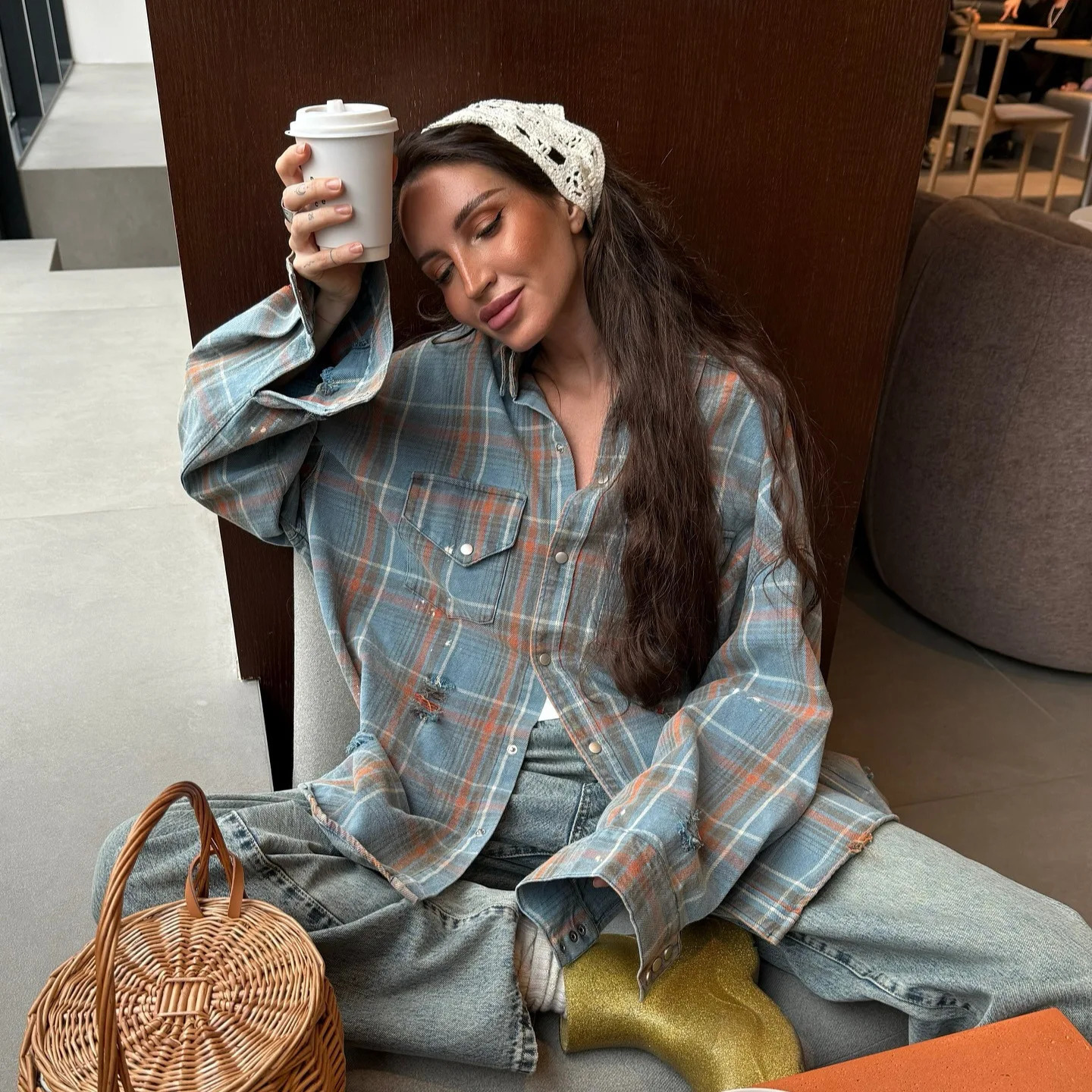 Denim Plaid Shirt Coat Womens Loose Single Breasted Turn-down Collar Full Sleeve Tops 2025 Summer Ladies Fashion Streetwear 250612
