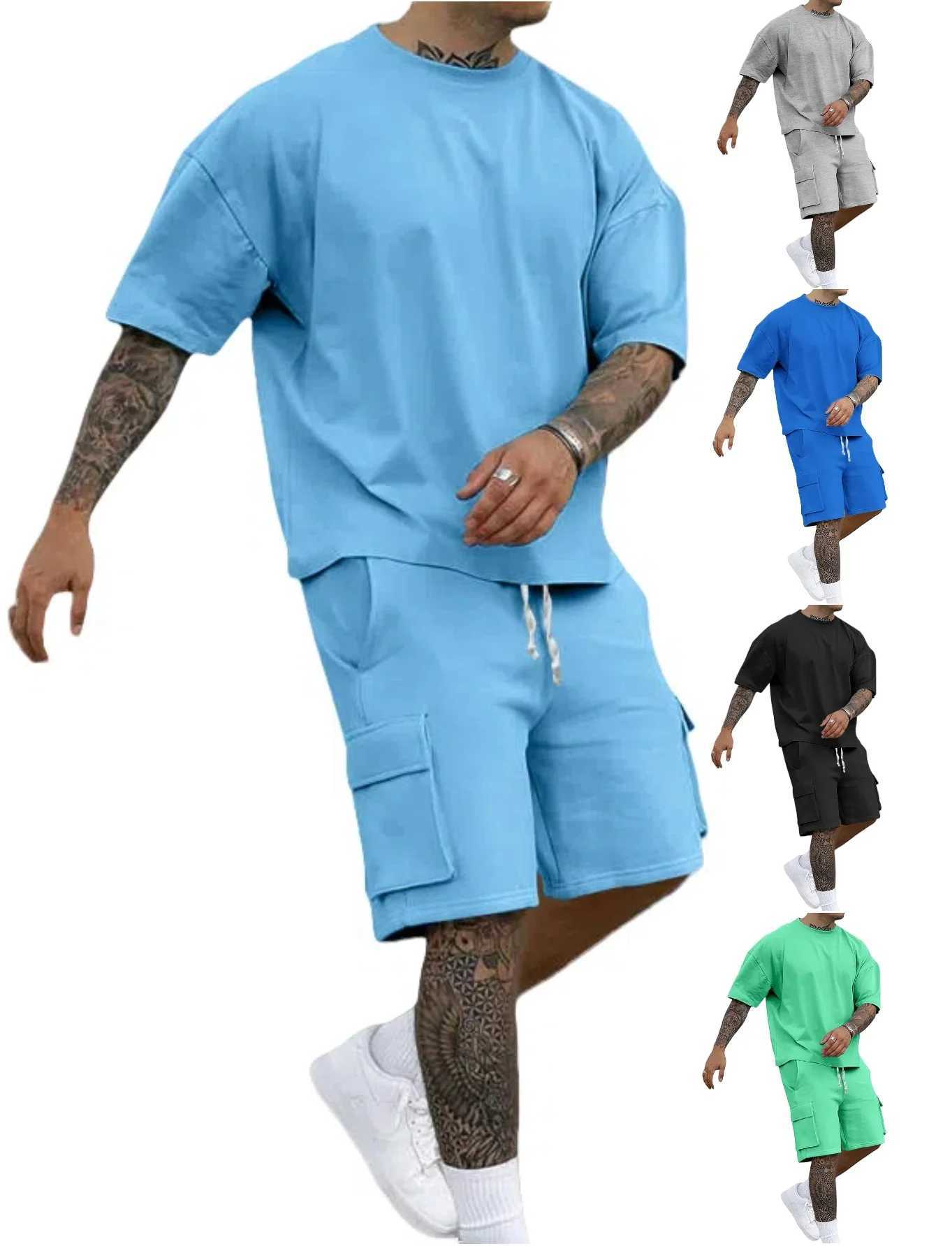 2025 Mens Summer New Fashion T-shirt Cargo Shorts Leisure Sports Set Drawstring Design Multi-pocket Shorts Solid Color Top W250613