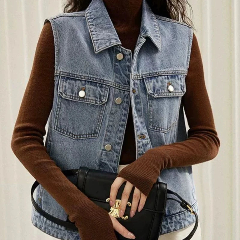 Retro Stylish Washing Denim Vest Women Casual Loose Vest Horse Clip Jacket 250609
