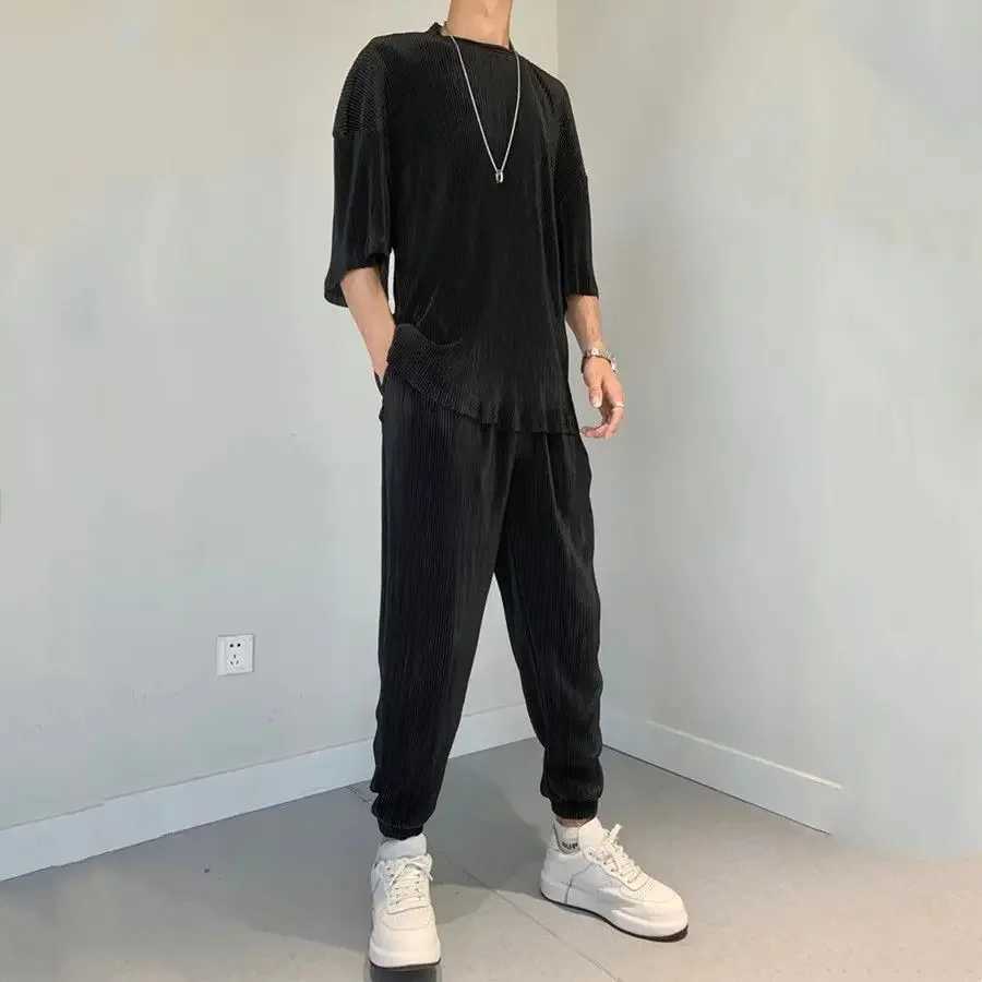 Nylon Mens Pants Set Gym Sportswear Male T Shirt Trousers Sets Black No Outfits Cheap Clothes Two-piece Essential Tee Kpop W250613