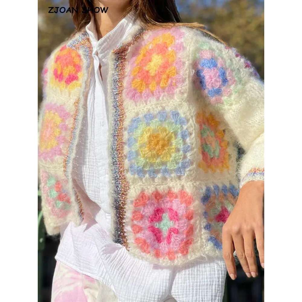 BOHO couleur Plaid fleur main Crochet Cardigan Vintage femme col rond manches longues ouvert pull tricots pull