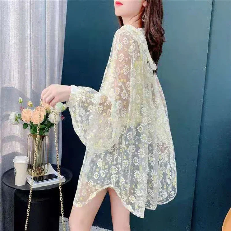 Harajuku Print Long Sleeve Hooded Jacket Women Sweatshirt Summer Y2k Korean Fashion Beach Sun Protection Clothes Jacket 250611