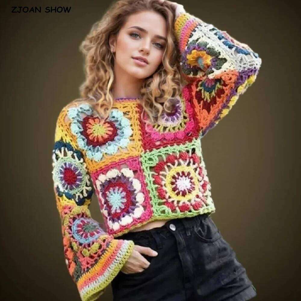 Haruku Handmade Hollow Out Crochet Geometric Short Bat Sleeve Women Summer Cropped Pullovers Retro Holiday Sweater Tops