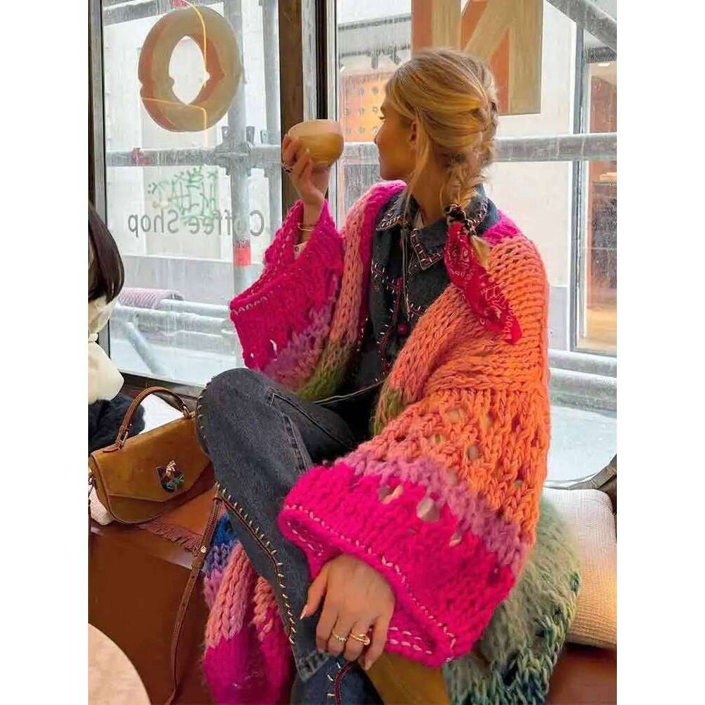 Cardigan à manches cloche pour femmes, style Boho, multicolore, luxueux, tricoté à la main, élégant, pull Long, veste pour l'automne 2024, K12