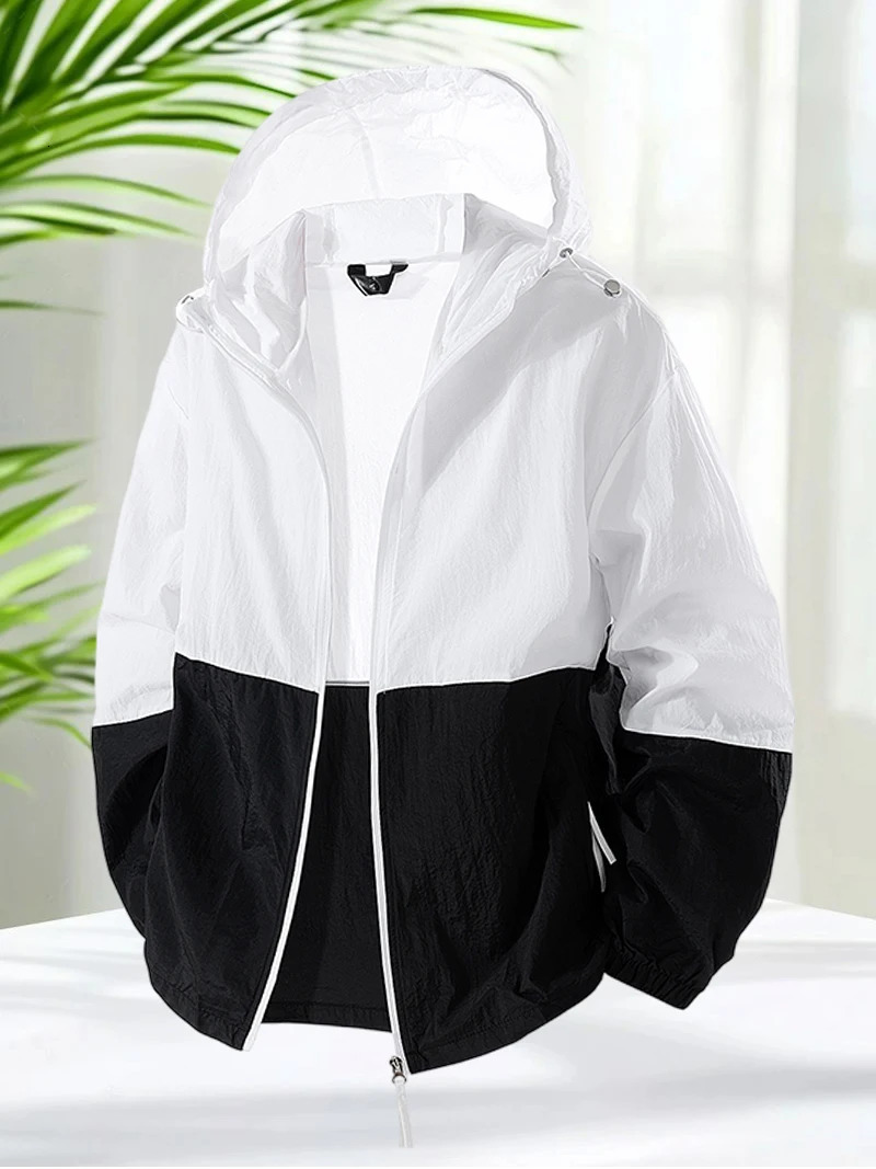 Hooded Sun Protection Jacket Men Outdoor Patchwork Lightweight Windbreaker Zip Up Coats UV Proof for Hiking Trekking Fishing 250613