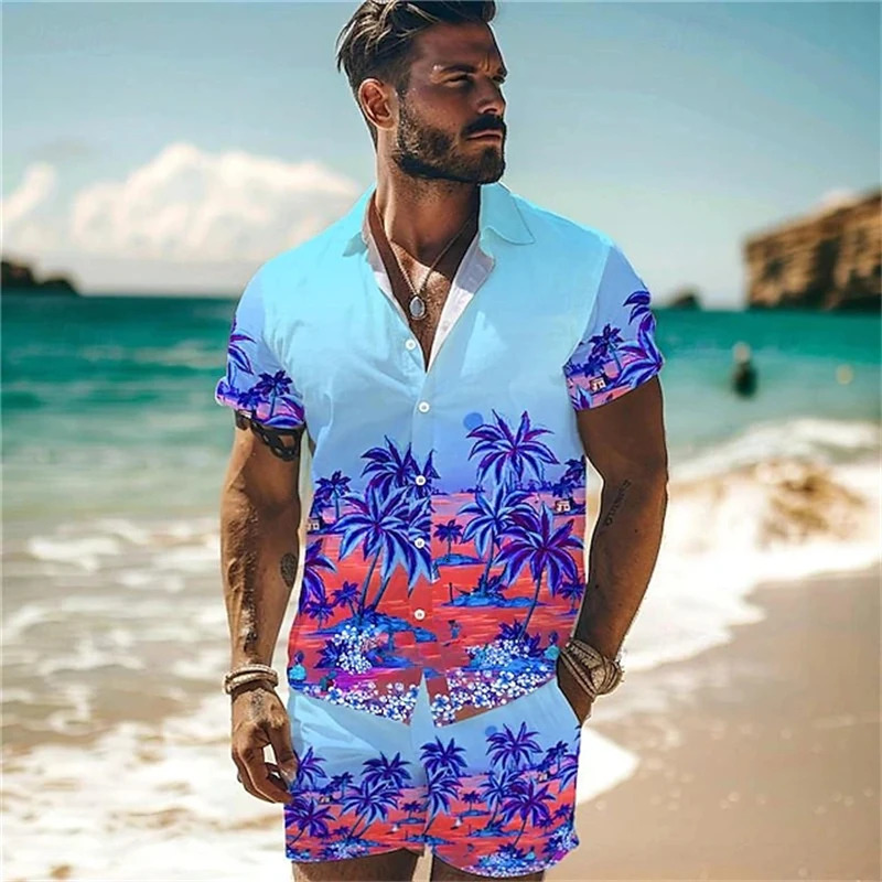 Shorts de chemise à manches courtes de style de vacances à la plage 2 pièces de coco d'été Imprimé de coco de coco-poitrine simple et de cordon d