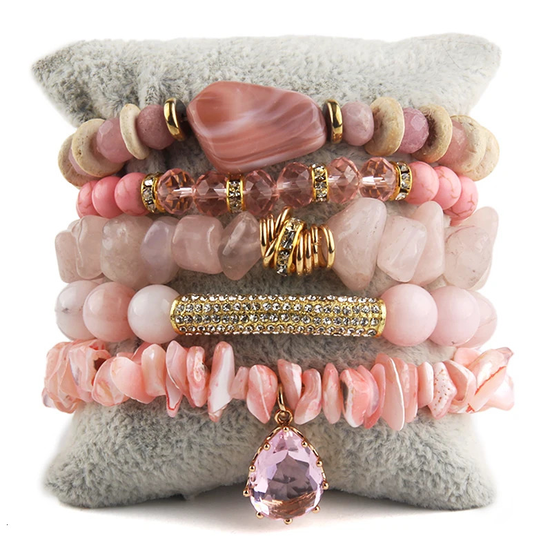 RH Fashion Bohemia Jewelry Accessory Stone Beaded and Crystal Charm 5pc Stack Stretch Bracelets Bangle Set For Women Gift250603