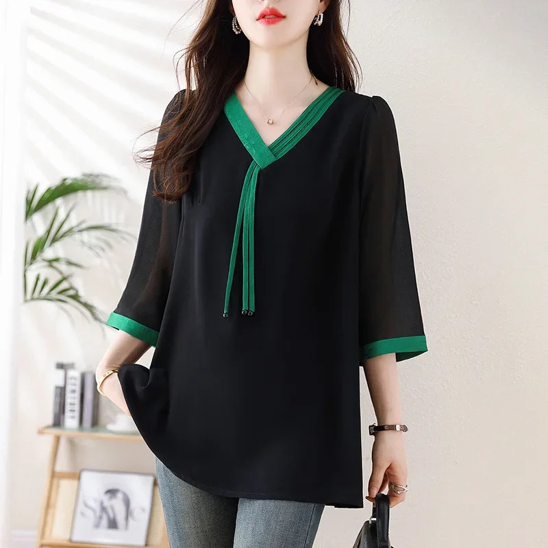 2025 plus Size Loose Chiffon T-Shirt Womens Fashion V-Neck Short Sleeve Color Block Top Slimming Effect Shirt 250609
