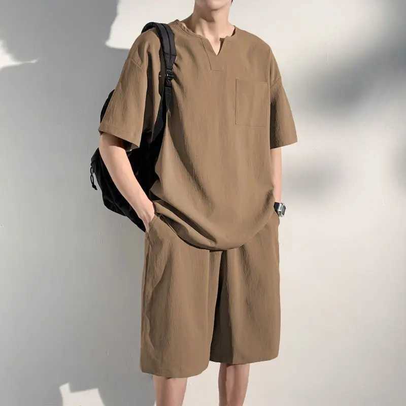 Summer Chinese Style Casual Suit Mens New Chinese V-neck Short-sleeved T-shirt Shorts Two-piece Suit W250613