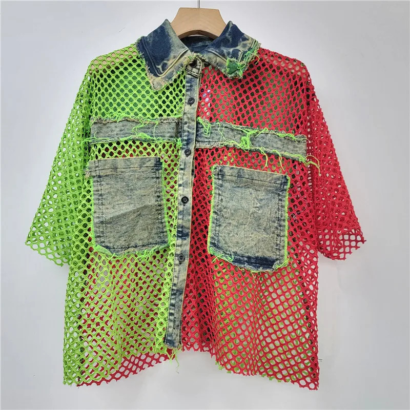 YEAE personalized fashion trend spring and summer contrasting colors mesh spell denim short-sleeved cardigan jacket women 250609