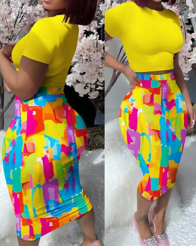 Summer Two Piece Set Women Outfit European American Womens Casual Clothing Fashion Tie Dye Print Top High Waist Skirt Set 250609