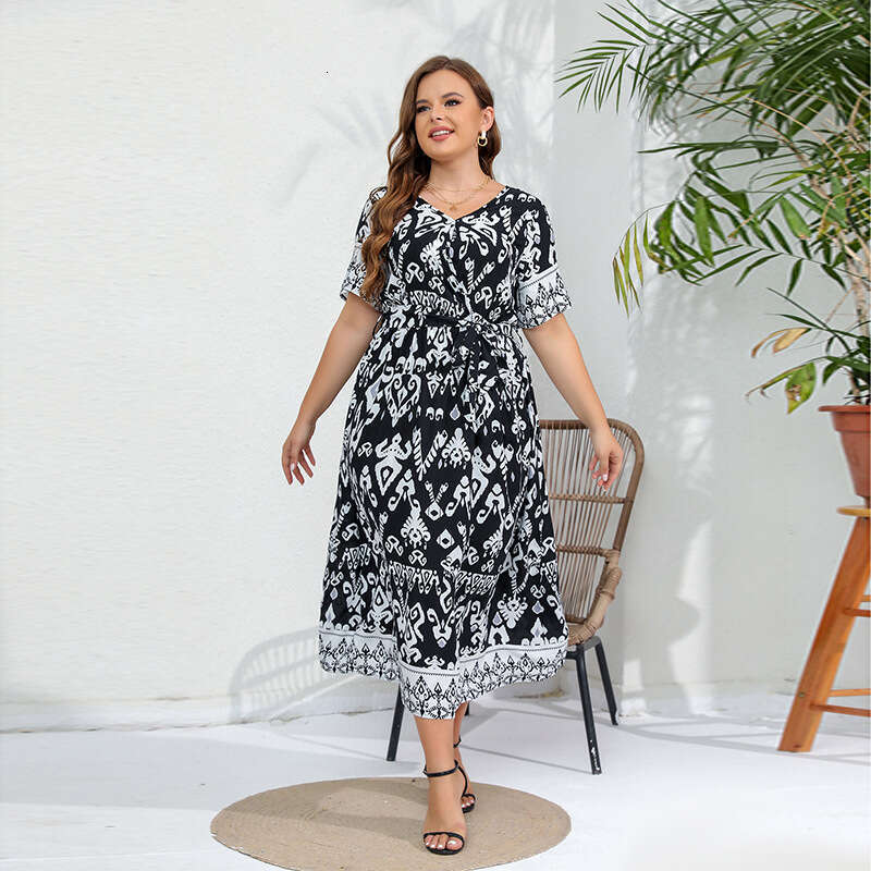 French Australian Hot-Selling Rayon Plus Size Elegant Temperament Elastic Waist V-Neck Long Dress B5