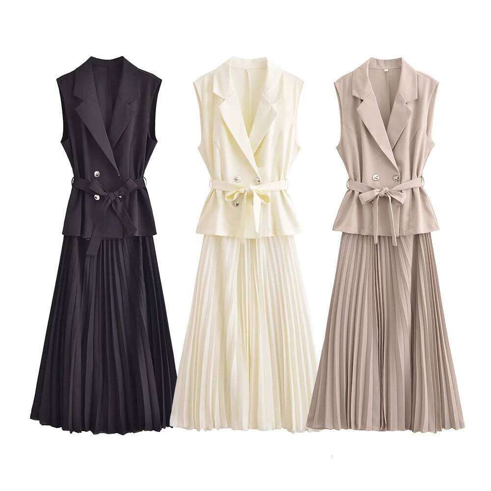Vêtements de créateurs 2025 Style de gilet à double seins plissé de ceinture pour femmes Office sans manches Robe de travail de soirée