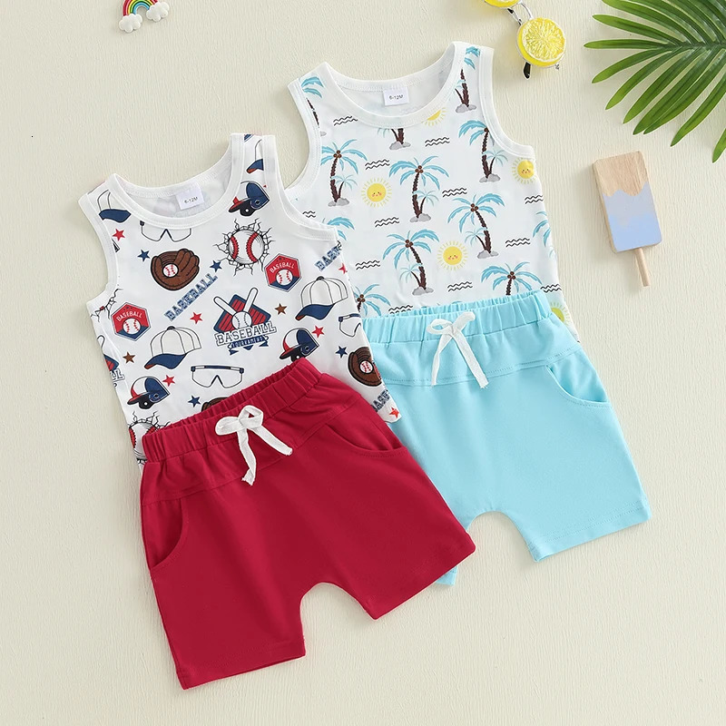 0219 Lioraitiin Kids Baby Boy Outfits BeachBaseball Print Sleeveless Tank Tops and Elastic Shorts Set Summer Clothes 250612