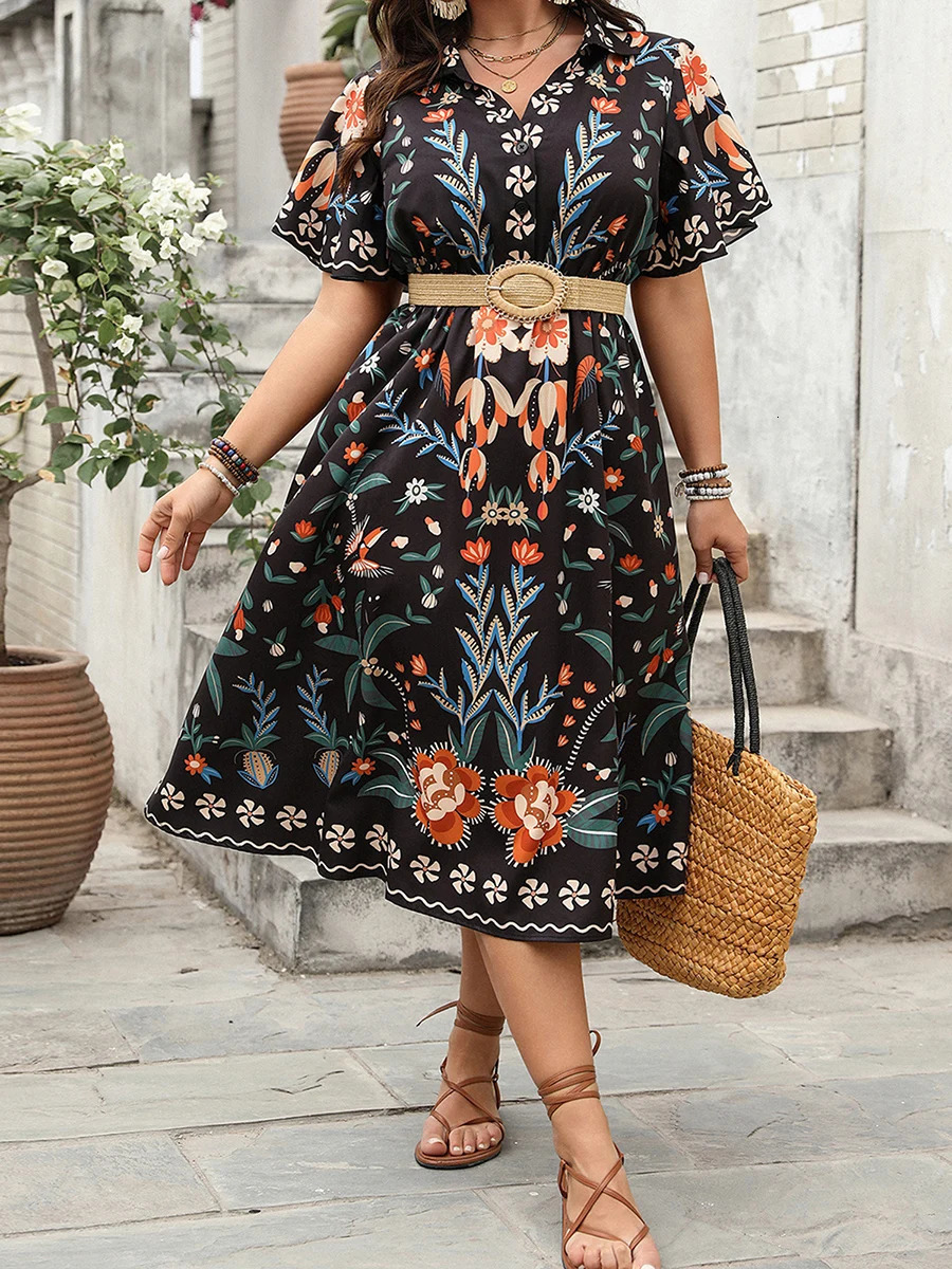 Femmes plus taille en V-colle Maxi Robe élégante Imprimé floral à manches courtes Bohemian Robe de fête pour le mariage de la plage d'été 250613