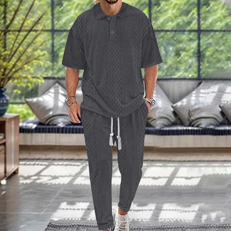 Mens Textured Off-The-Shoulder T-Shirt Set A Comfortable Half-Sleeved Top And Drawstring Waist Pants A Two-Piece Exquisite Set W250613