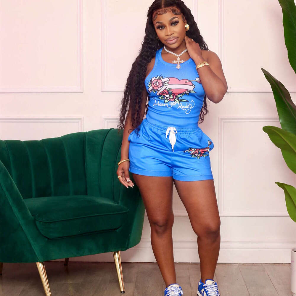 Summer American Style Digital Print Sleeveless Tank Top With Drawstring Shorts Set For Women B5