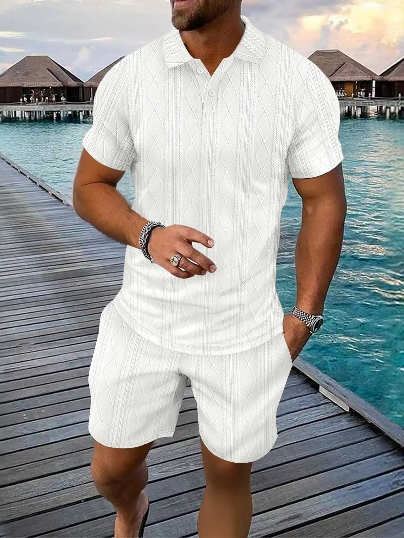 Mens Fashion Striped Jacquard Two-Piece Set Casual Loose Lapel T-Shirt Top Spring Summer Sports Beach Set W250613