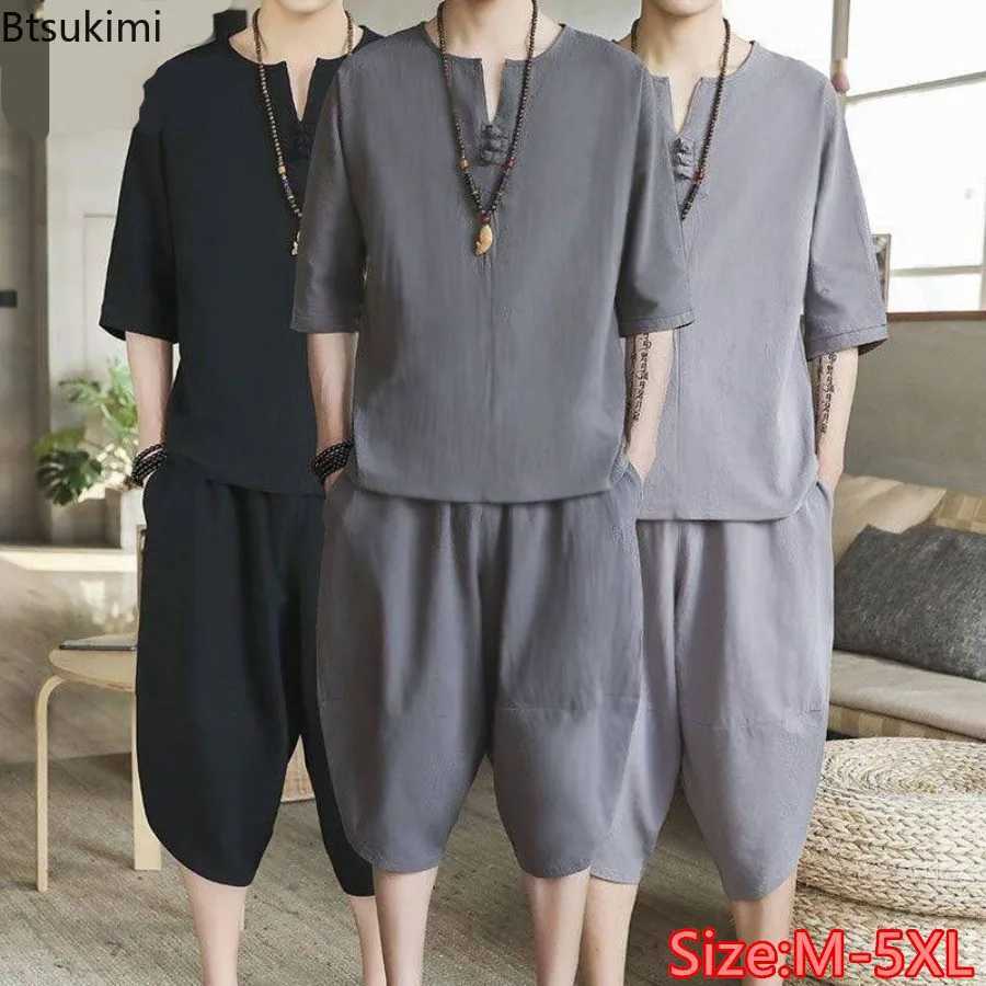 2025 Mens Summer Cotton and Linen Sets Chinese Style Fashion Two Piece Sets Men Loose Capris Casual Tang Suit Large Size M-5XL W250613