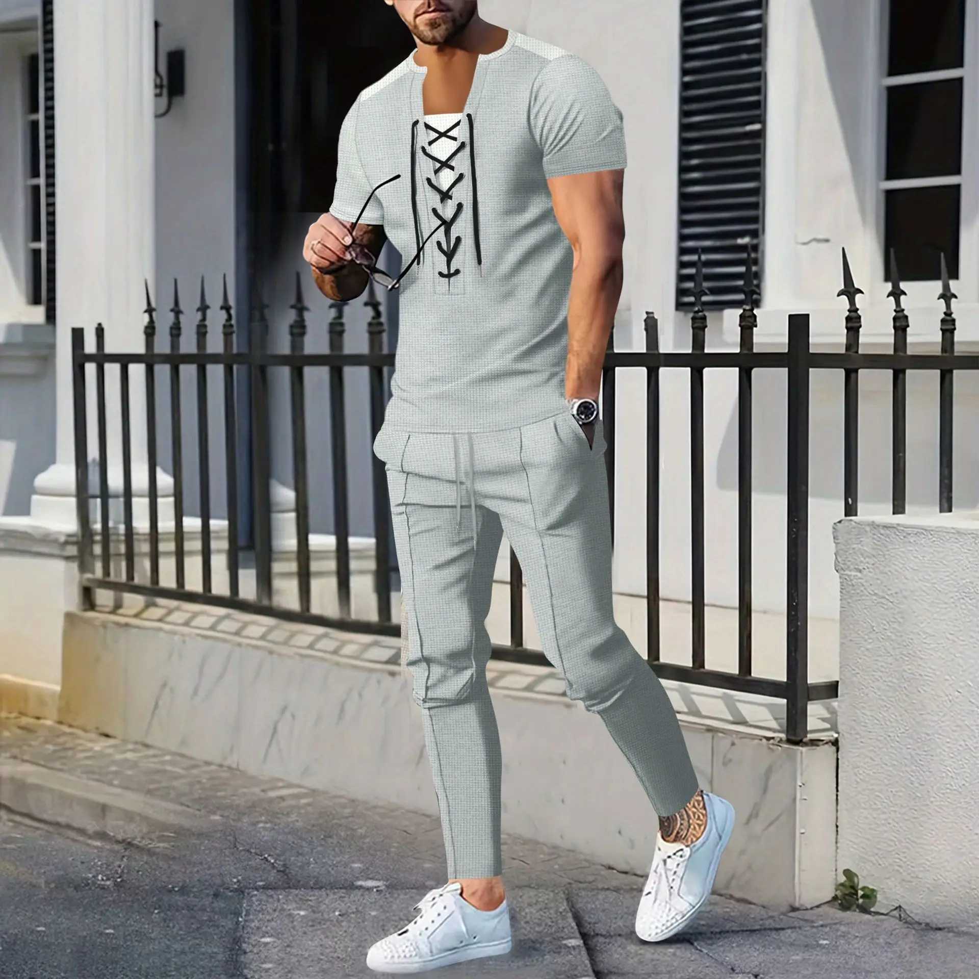 Mens New Casual V-neck Waffle Wear Rope Short-sleeved Trousers Two-piece Mens Fashion Outdoor Sweatshirt Mens Clothing Set W250613