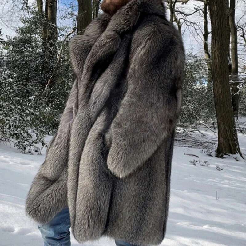 Designer Clothing 2025 Designer Clothing 2025 Men Faux Fox Fur Mid Length Long Coat Thick Turn Down Collar Jackets Warm Casual Maxi Splice Autumn Wi