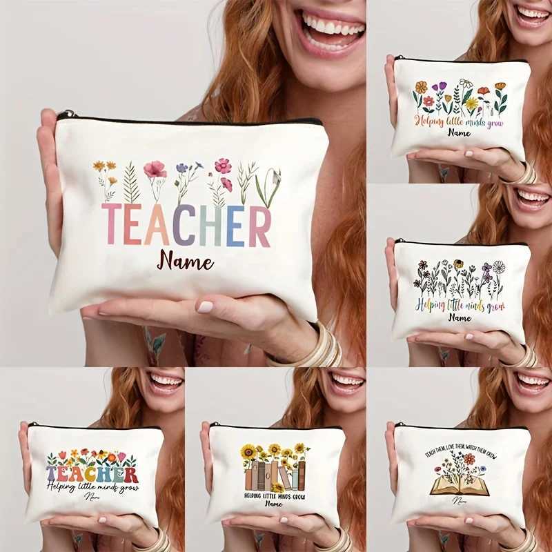 Thank You for Helping Me Grow Custom Name Makeup Bag Personalised Name Canvs Pencil Cases Travel Toiletries Pouch Gifts Teacher Z250612