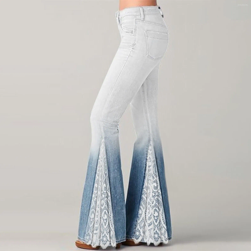Women's Pants 2025 Chic Fashion Women Lace Patchwork Flare Imitation Denim High Waist Bell Bottom Ruffle Trousers Office Lady Streetwear