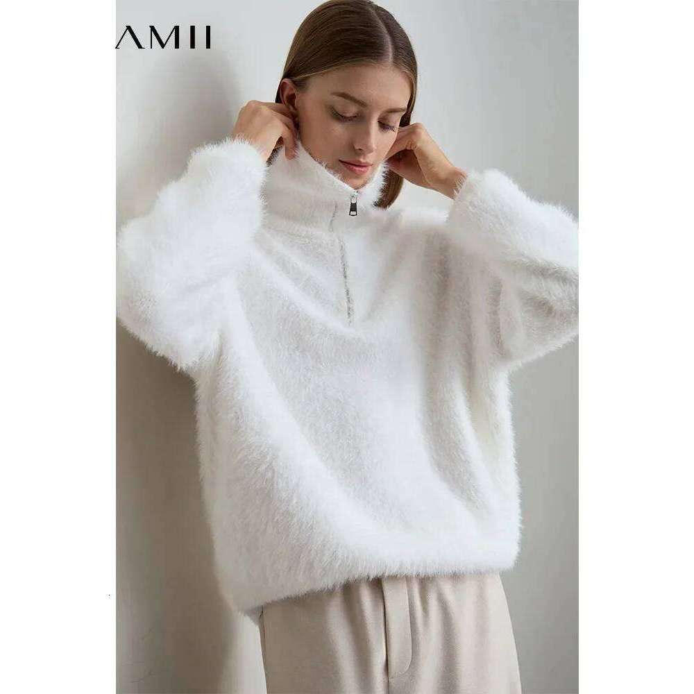 Amii 2024 Women's Clothing Turtleneck Zipper Mink Sweater Winter Loose Shoulder Sleeve Pullovers Knitted Tops 12444250
