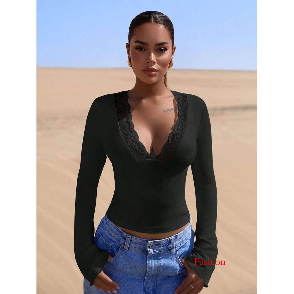 Ins New V-Neck Patchwork Lace Trim Sexy Hot Girl Long Sleeve Slim Fit Top B5 b7