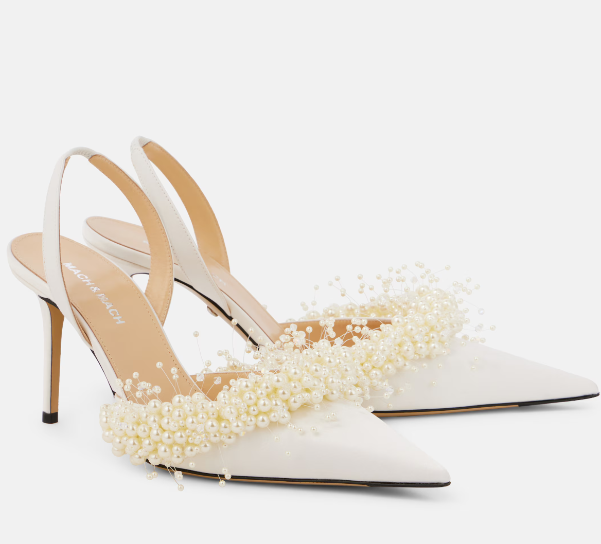 Élégant macho femmes Sandales de mariage nuptiales de mariée Pumps Pumps Floating Pearl Satin pointu Point Slingback Lady High Heels Luxury Walki