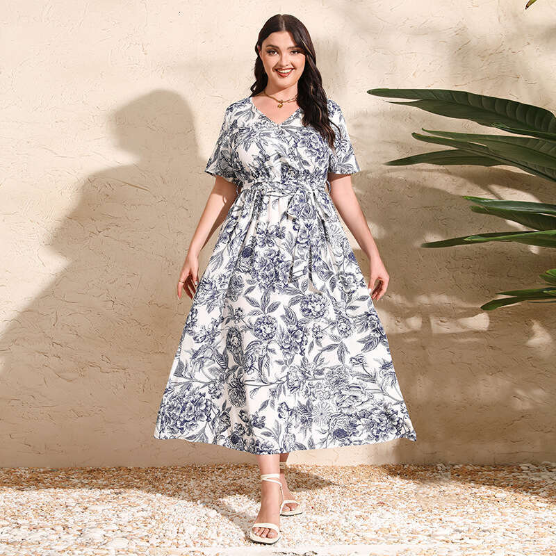 New French Style Elegant Plus Size White Floral V-Neck Short Sleeve Waist-Cinching Long Dress B5