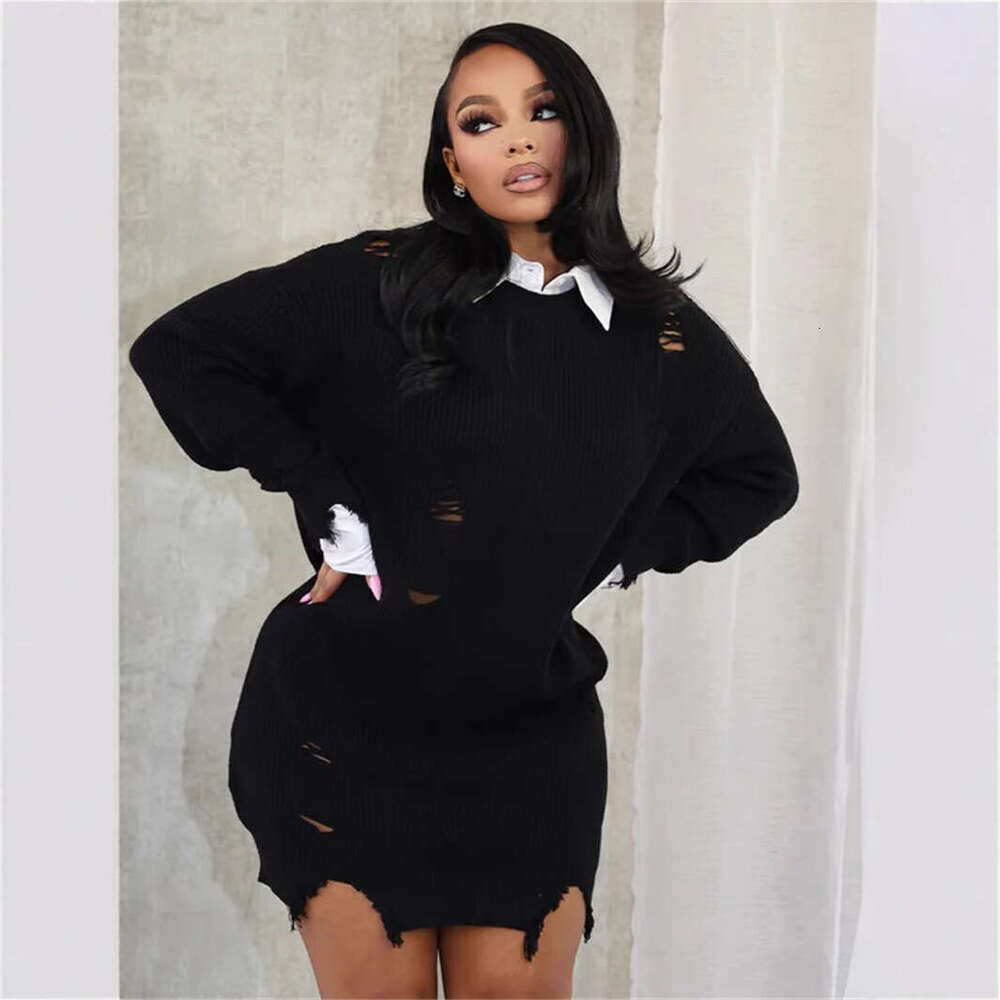 New Style Ripped Casual Loose Solid Color Fashion Turn-Down Collar Irregular Short Dress Women's Clothing B5