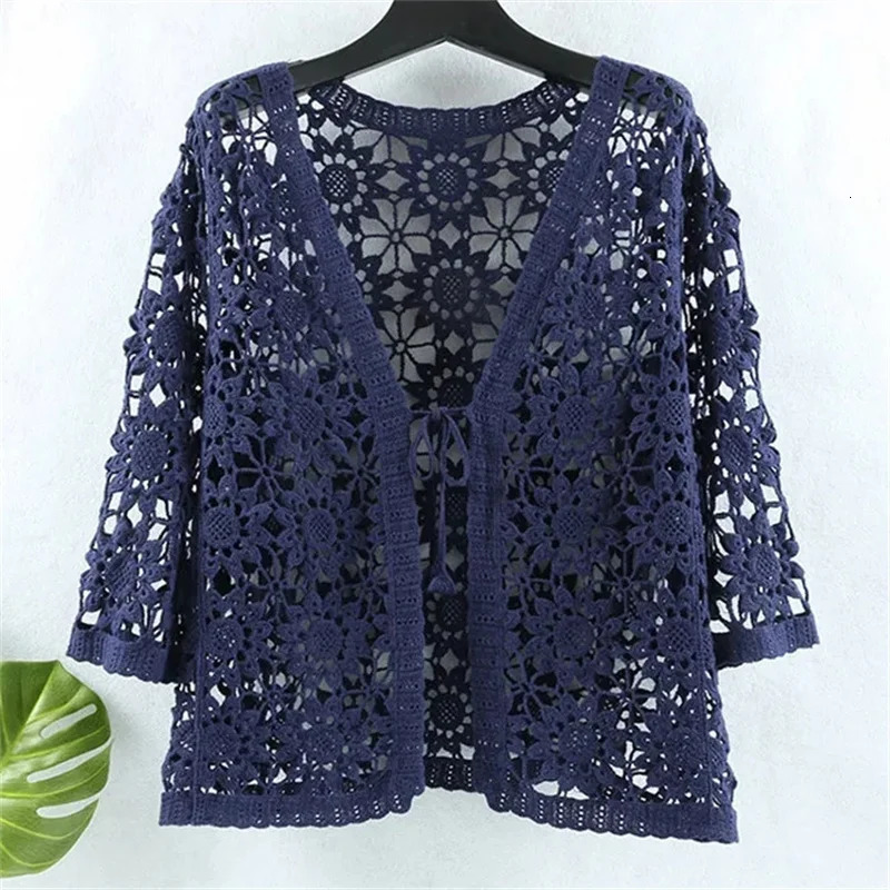 Outerwear Jackets Knitted Sunscreen Clothing Womens Summer Loose Cardigan Vneck and Cropped Sleeve Air Conditioning Shirt 250611