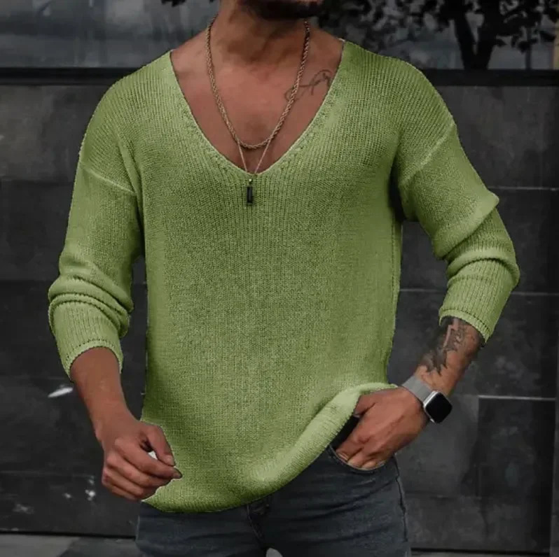 Men Spring V Neck Rib Bottoming T-shirts Pullover Autumn Long Sleeve Slim Fit Tees Tops Simple Casual Plain Thin Knit Shirt 250613