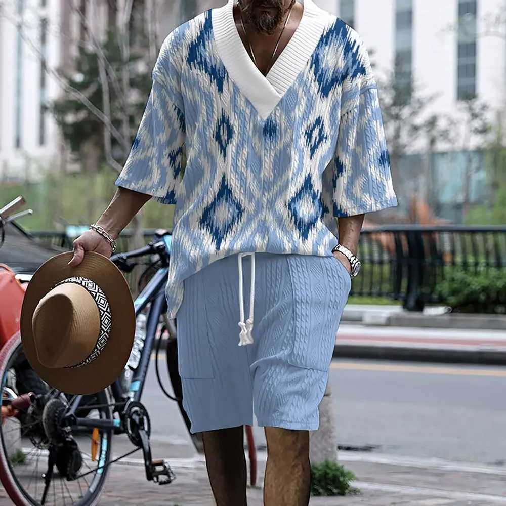 2024 Ensemble pour hommes de haute qualité Été Nouveau coton 3d Mentide imprimé pour hommes Portez en V-colmes T-shirt à manches et shorts en deu