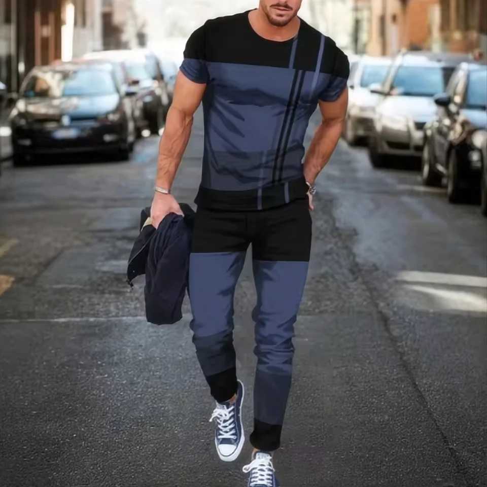 2024 Summer New Mens Clothing Fashion Trend Mens Two-piece Top New 3D Digital Printed Pants - Short Sleeve Pants Set W250613