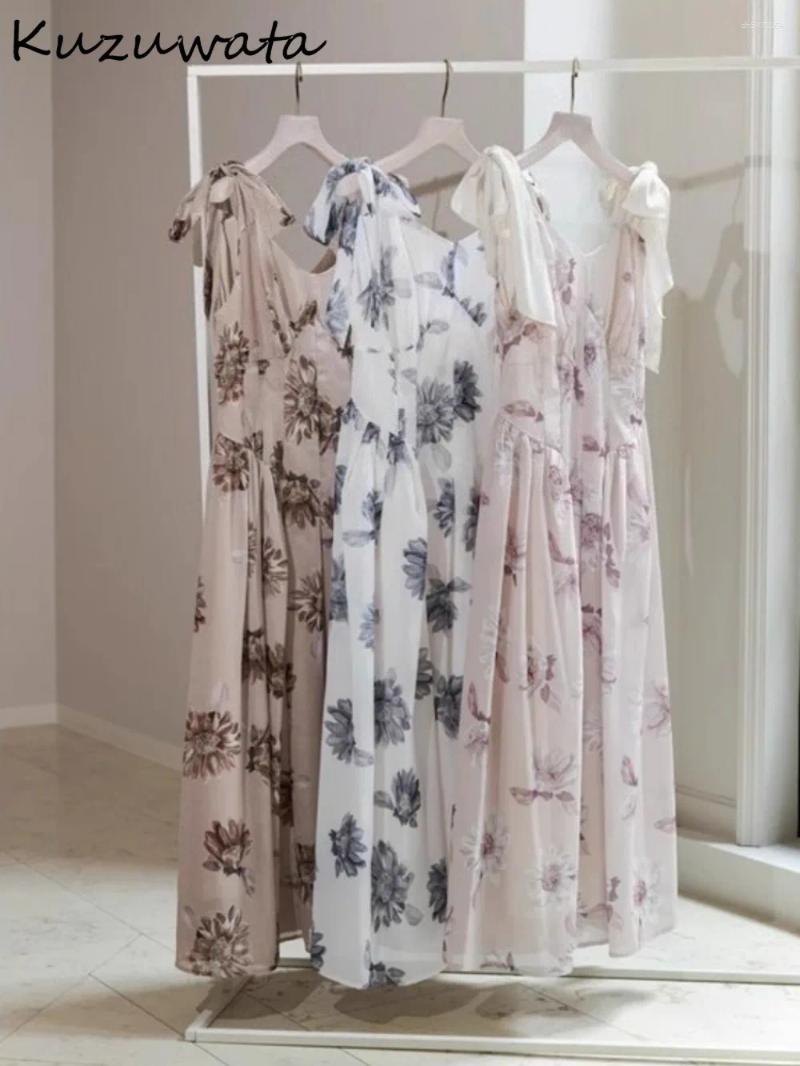 Robes décontractées Kuzuwata Impression d'été Lace Up Bow Robe Slim Sans manches ruchées Robe swing japon Japan Elegant Elegant French Luxury Ves