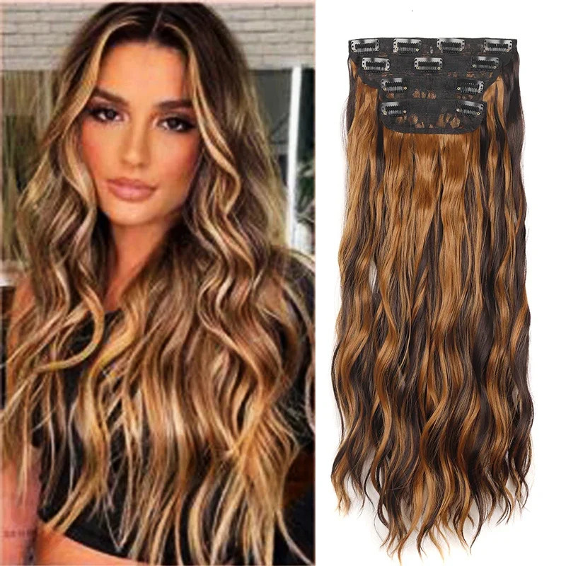 4PCS / Set Clip ondule dans les extensions de cheveux 24 pouces de long clip ondulé dans l'extension des cheveux pour les femmes ombre blondes bl