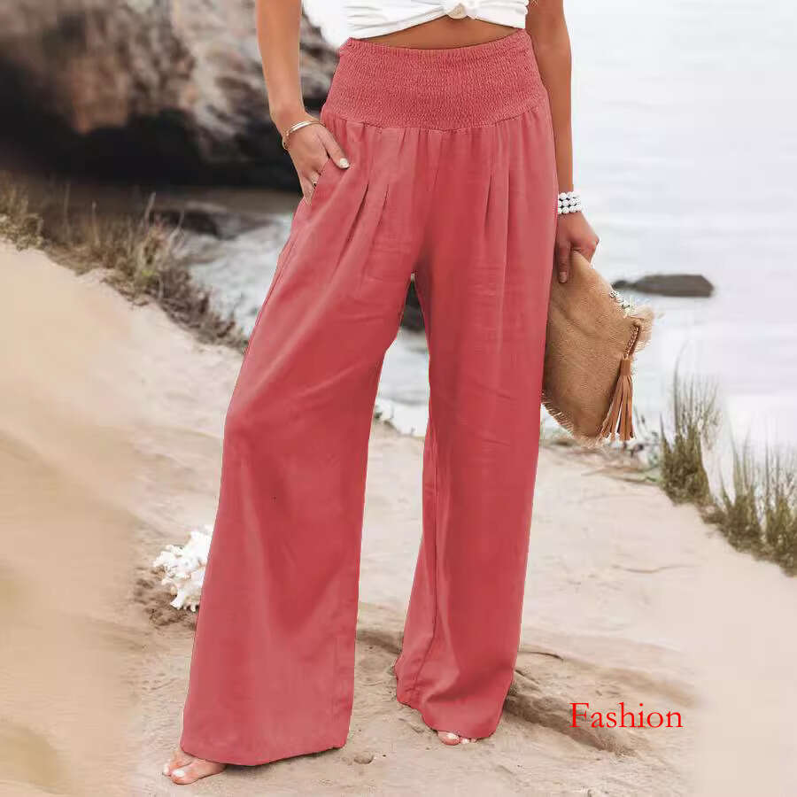 Pantalon long ample en coton et lin pour femmes, décontracté, jambes larges, printemps/été, B5 b7