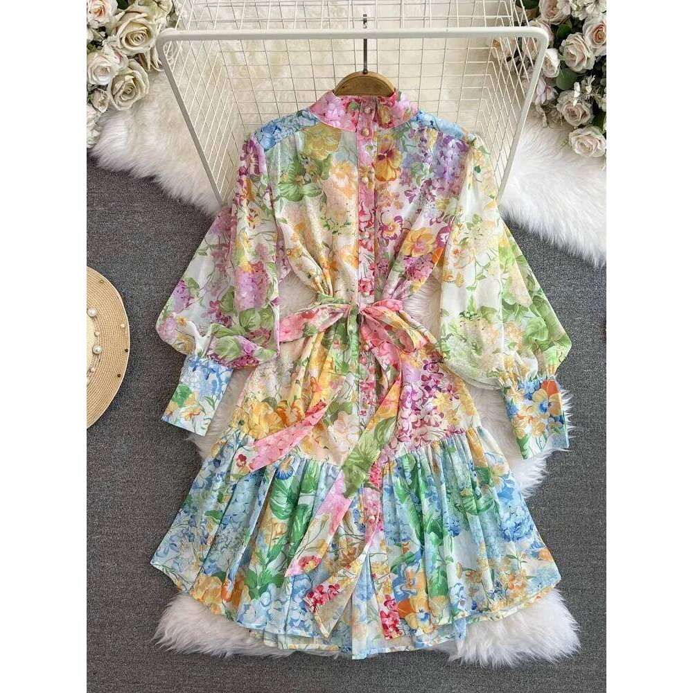 Piste d'été Magnifique fleur en mousseline de soie volonnes mini robe femme stand couche lanterne manche florale imprimé lacet up boho robe vesti