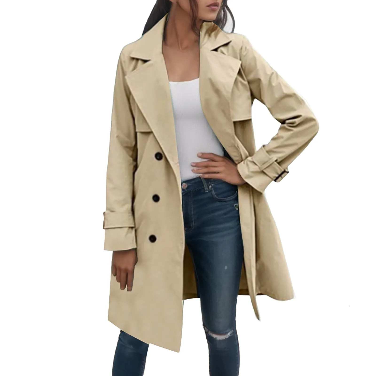 Fashion Women Trench Casual Solid Color Coat Adult Elegant Fashion Long Sleeve Lapel Neck Double Breasted Belted Coat For Female 250606