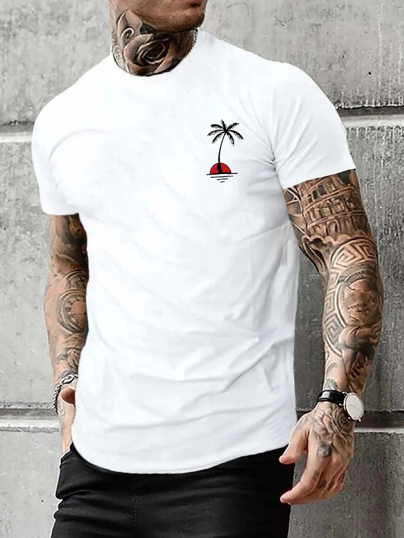 Mens Summer Casual Loose Size 100% Cotton Coconut trees Print Round Neck Short Sleeve T-shirt Top 250606