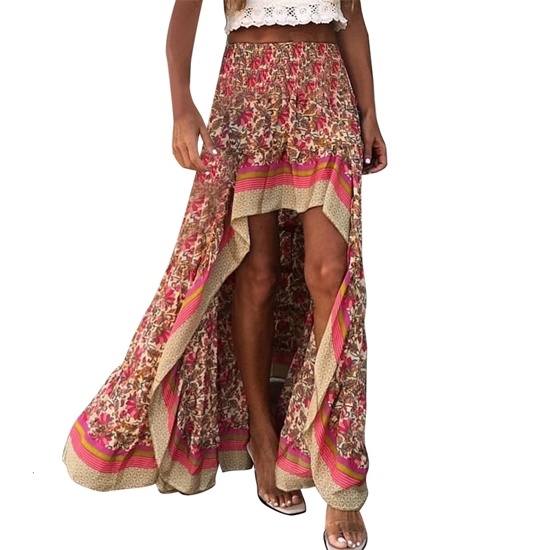 Summer Cotton Floral Print Irregular A Line Skirt Women Bohemia Short Front And Long Back Skirts Loose Swing Skirts 250606