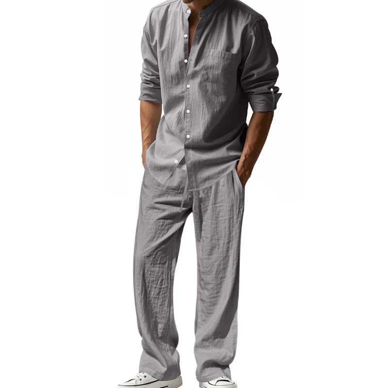 Mens Linen Shirt Pants Set American Style Casual Beach Outfit Breathable Loose Fit Four Seasons Ready Stock W250613