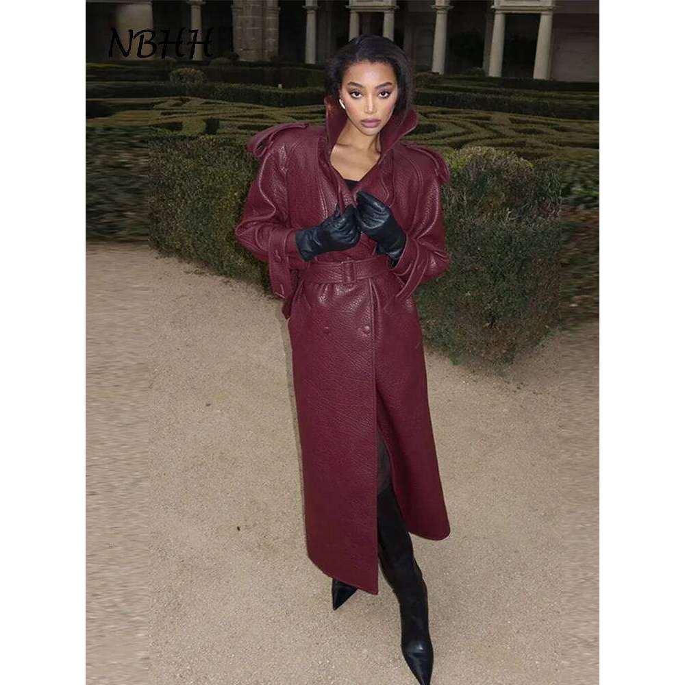 Street Vintage Long Leather Jacket Women Double Breasted Lapel Lace Up Full Sleeve Belt Jackets 2025 Spring Fashion Lady Outwear