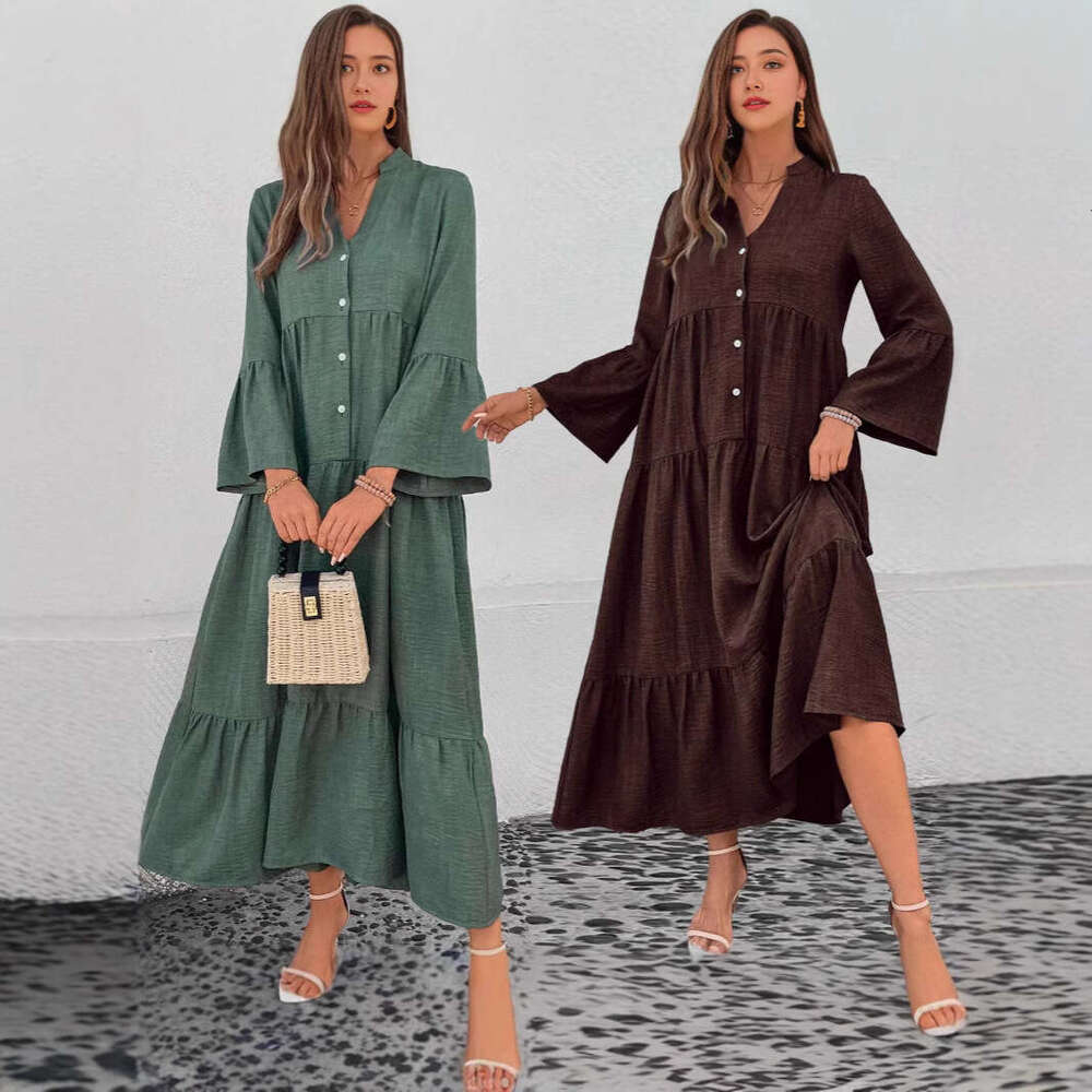 Women's Clothing Spring And Autumn New Long Sleeve Loose Sweet Collar Solid Color Flared Casual Dress B5
