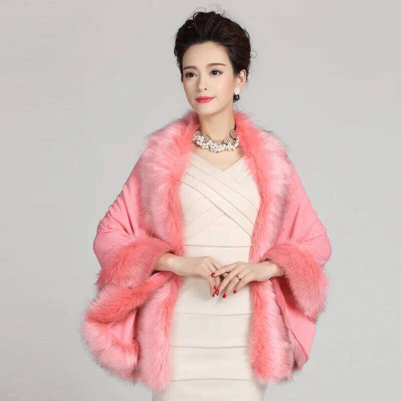 Winter European And American New Women's Outerwear Large Knitted Cardigan Cloak Coat Imitation Fox Fur Grass Shawl Manteau