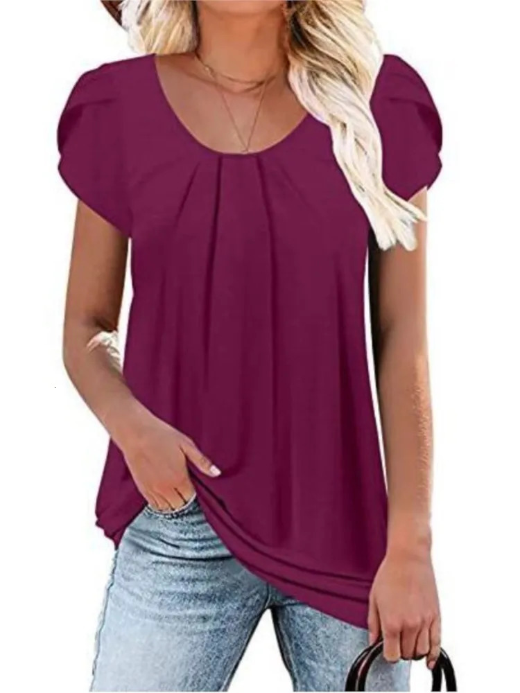 Spring Summer Womens Solid Color Chiffon T Shirt Short Sleeves Round Neck Fashion Casual Simple Style Lady T Shirts Tops 250609